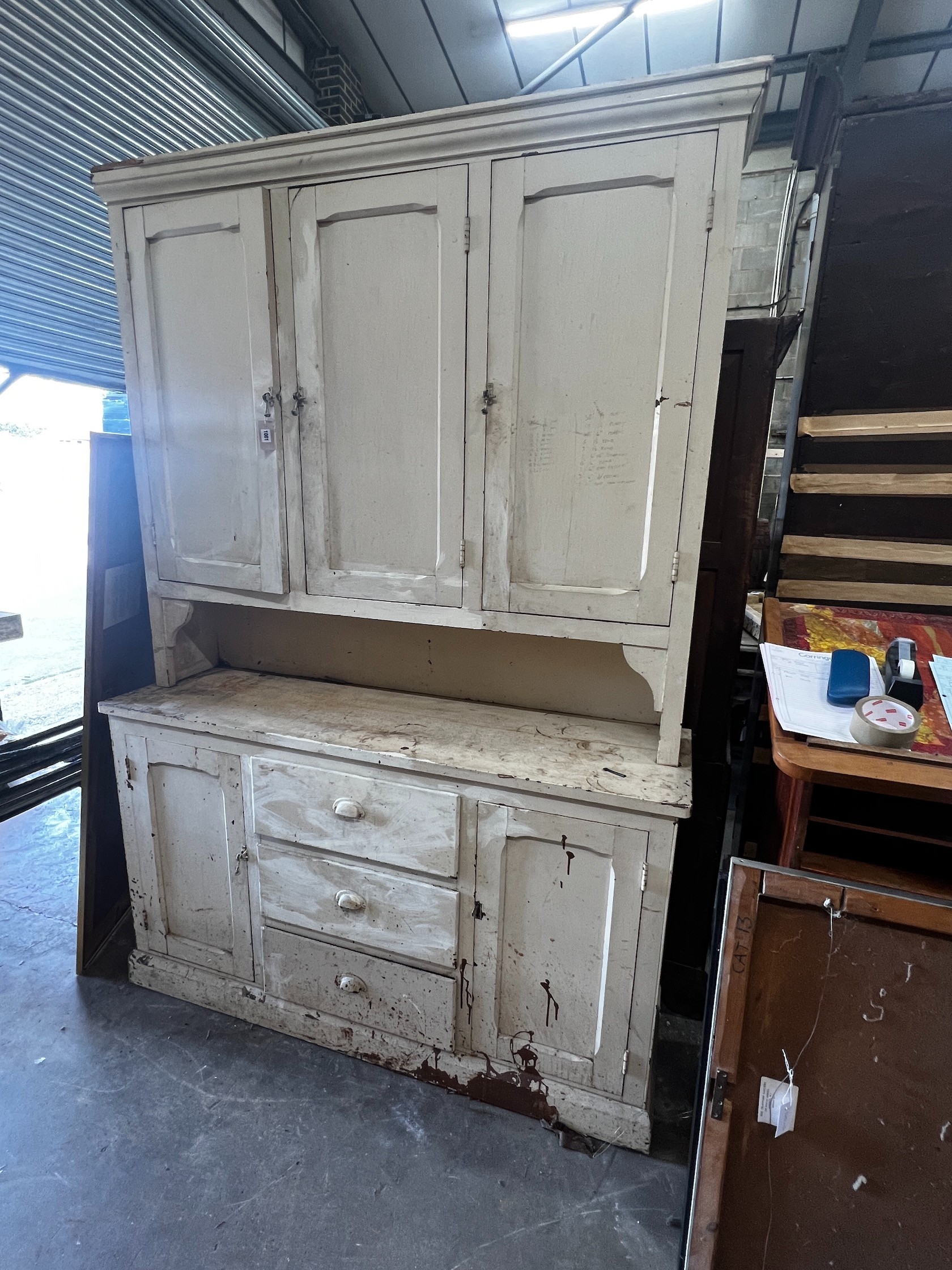 A late Victorian painted pine dresser, width 158cm depth 44cm height 230cm